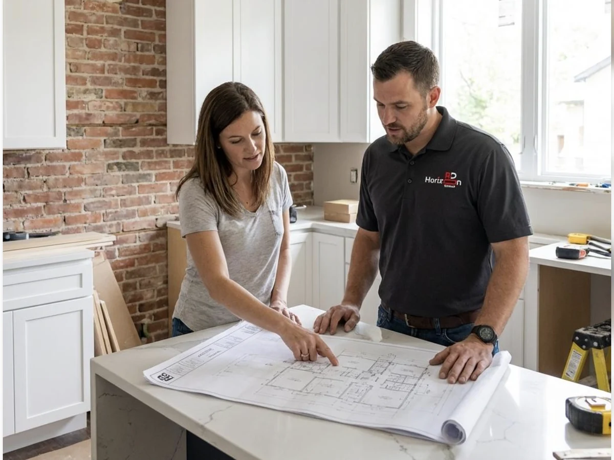 A Dunmore estimator reviewing renovation drawings with a homeowner
